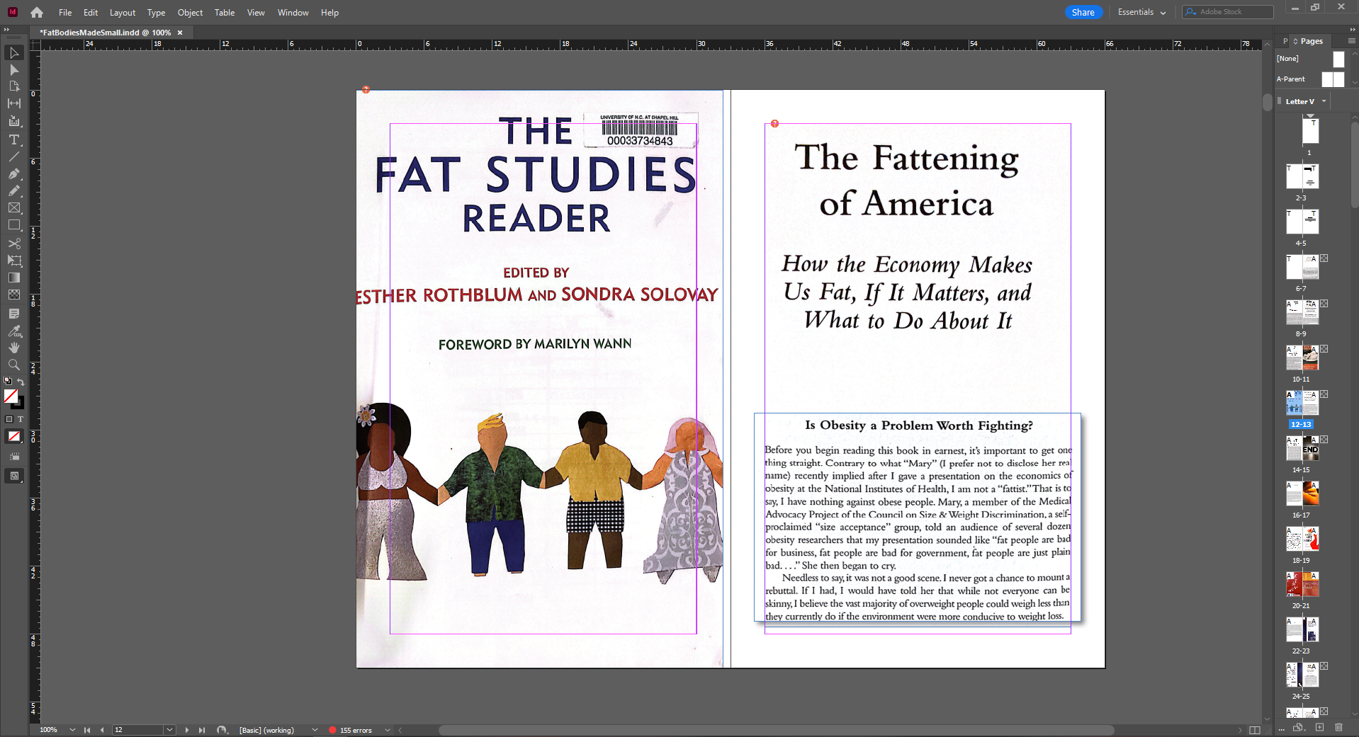 Two of the pages from the InDesign file for the book. Left page: The Fat Studies Reader, right page: The Fattening of America.
